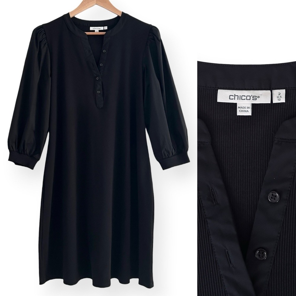 Chico's Women 2 Black L Balloon 3/4 Sleeves Ribbed Henley Shift Dress US 12 NWOT